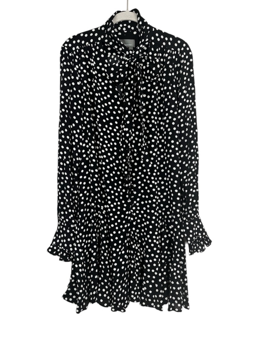 Anthropologie Polka Dot Tie Neck Mini Dress Black White Ruffle Size S Parisian - Picture 4 of 14